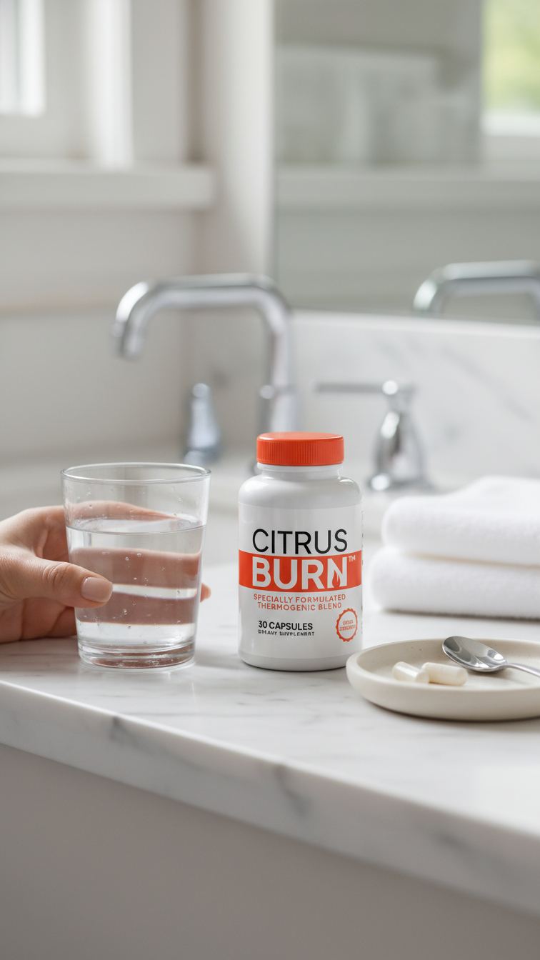 CitrusBurn supplement bottle with fresh oranges and ginger